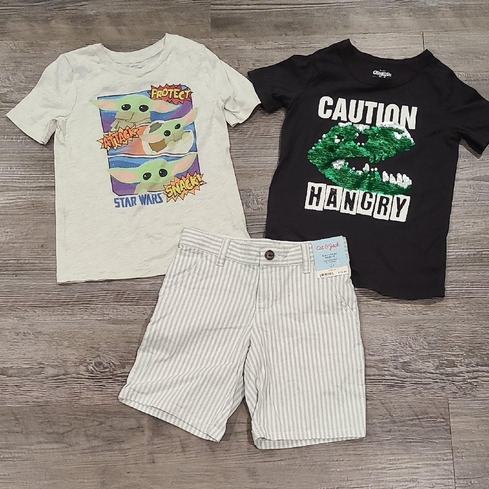 Star Wars & Dinosaur T-Shirts with Striped Shorts Size 7